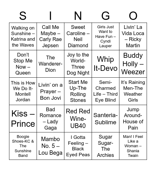 SINGO Bingo Card