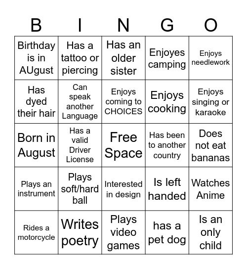 Human Bingo Card