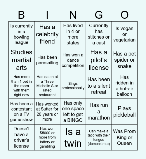Let's Find Someone Who Bingo Card