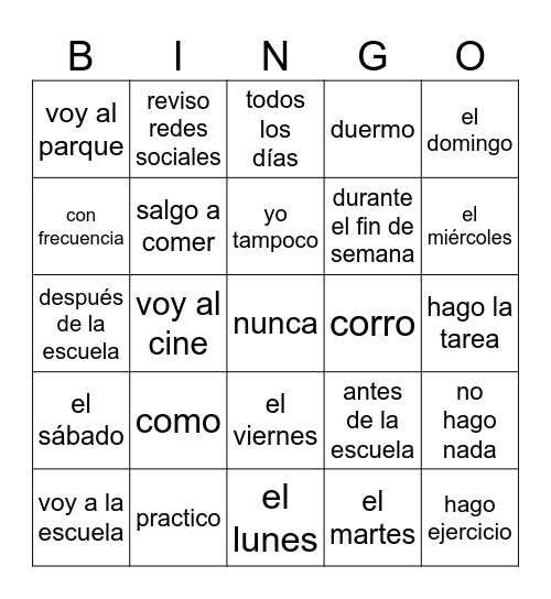 Hanging Out Bingo Card