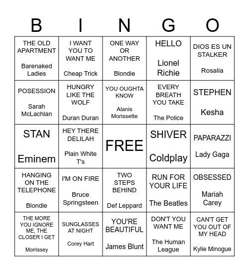 You Stalkin' to Me? Bingo Card