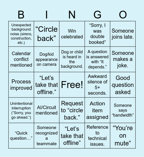 Weekly Meeting Bingo Card