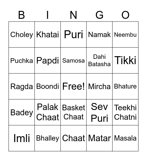 Chaat Bingo Card