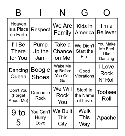 Upbeat Throwback Jams Bingo Card