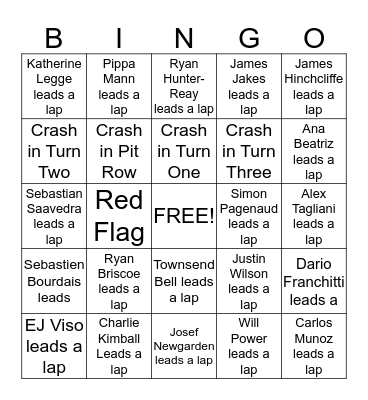 Indy 500 Bingo Card
