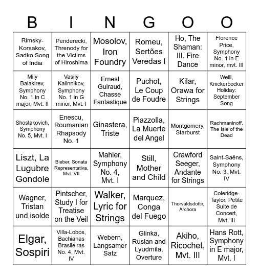 Orchestra Bingo Card