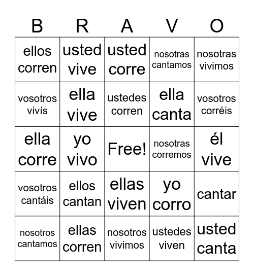 Los Verbos Regulares Bingo Card