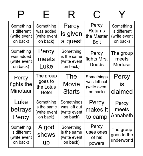 Percy Jackson Movie BINGO Card
