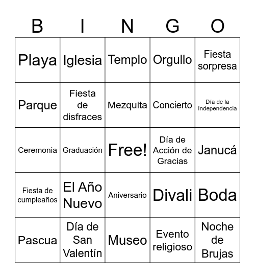 Celebraciones y ubicaciones Bingo Card