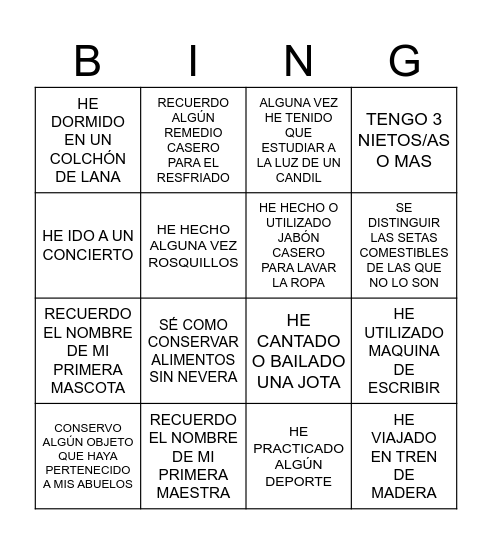 Bingo de experiencias Bingo Card