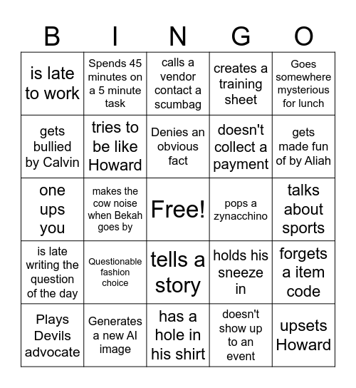 Zach Bingo Card