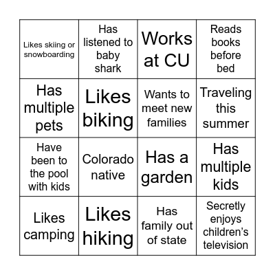 CU Children’s Center Bingo Card