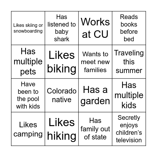 CU Children’s Center Bingo Card