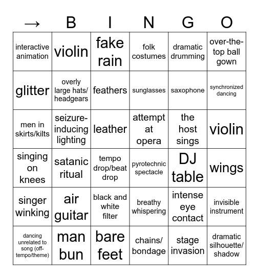 EUROVISION Bingo Card