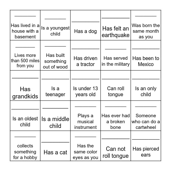 Evans' Family Reunion Bingo Card
