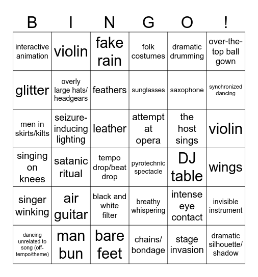 EUROVISION Bingo Card