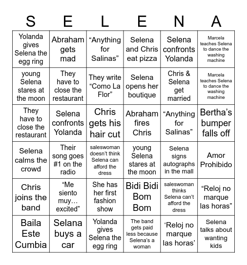 Selena Bingo Card