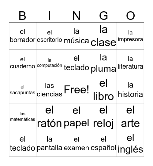 la escuela Bingo Card
