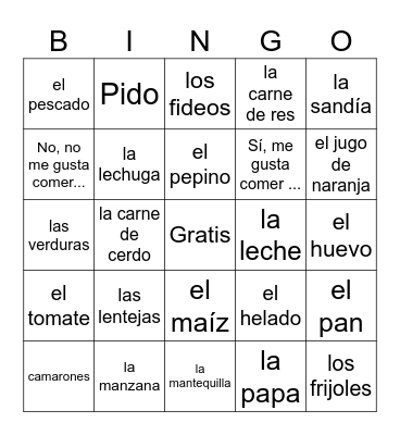 SPN 1 EC1 Unit 4 A comer bien Bingo Card