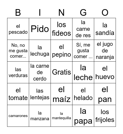 SPN 1 EC1 Unit 4 A comer bien Bingo Card