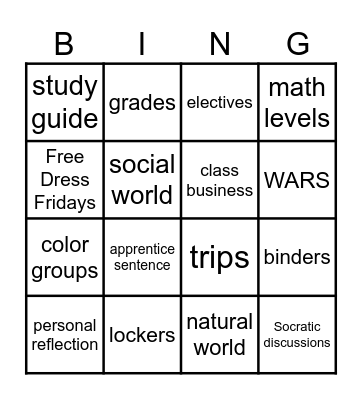 Middle School Bingo Card