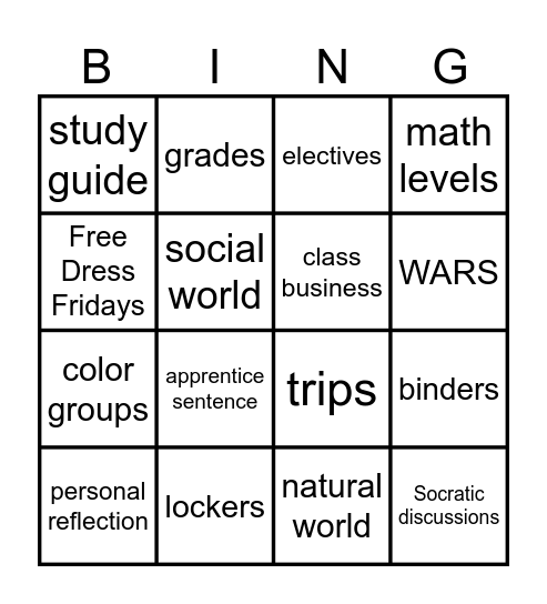 Middle School Bingo Card
