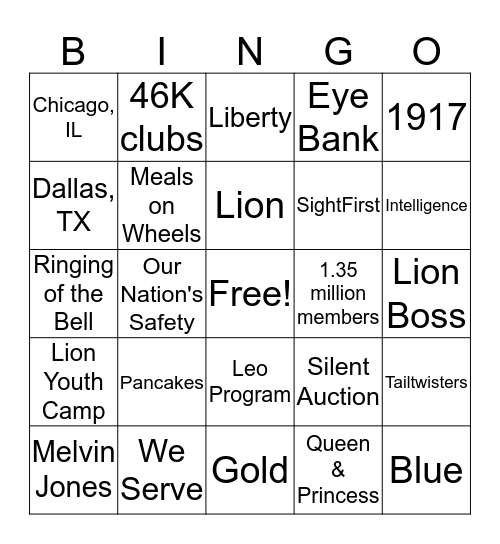 Lion's Club Bingo Card