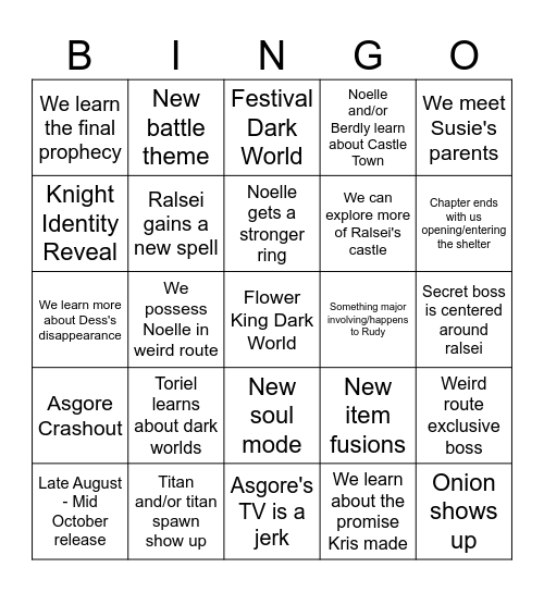 Deltarune Chapter 5 Bingo Card