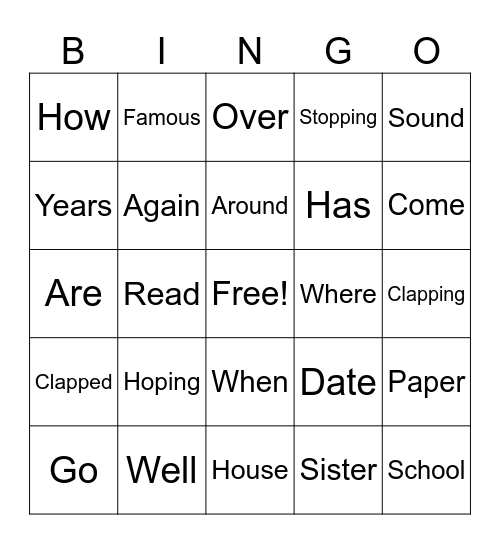 Spelling Word Bingo Card