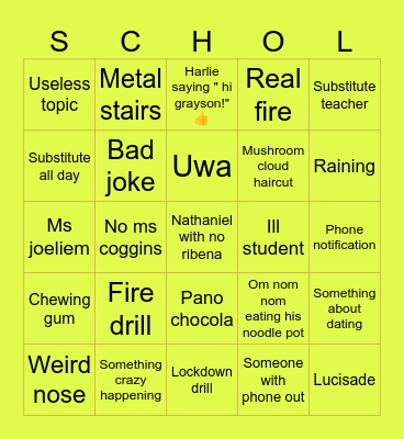 School Bingo Card