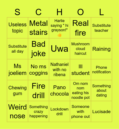 School Bingo Card