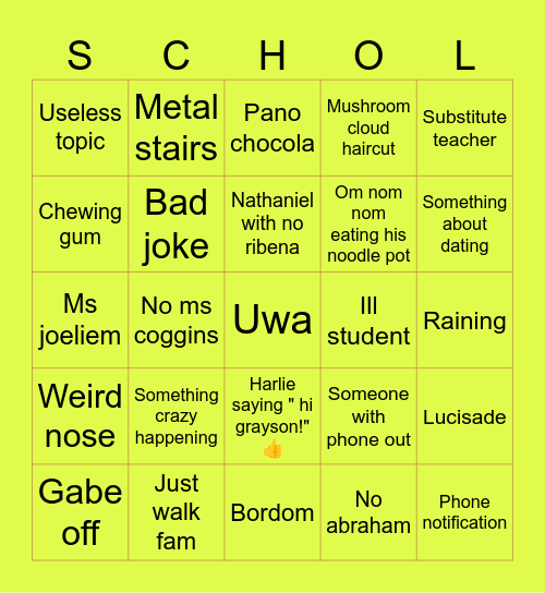 School Bingo Card