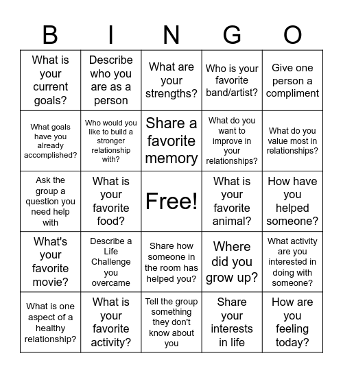 Building Healthy Relationships Bingo Card
