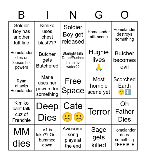 The Boys S5 EP 8 Bingo Card