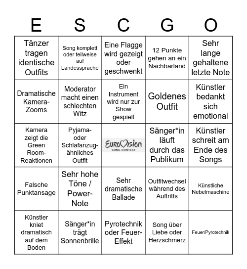 Eurovision Song Contest 2026 Bingo Card