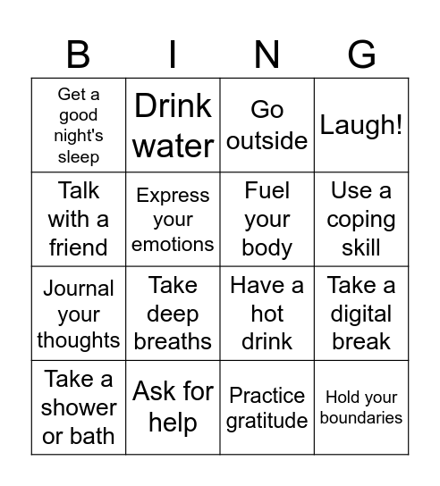 Self Care Bingo Card