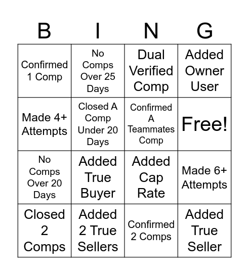 Sale Comp Bingo Card