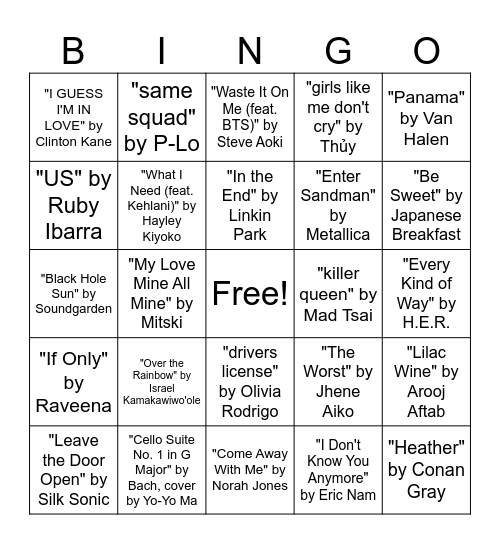 AAPI Month Music Bingo Card