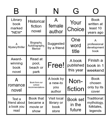 Summer Reading Challenge Bingo Card