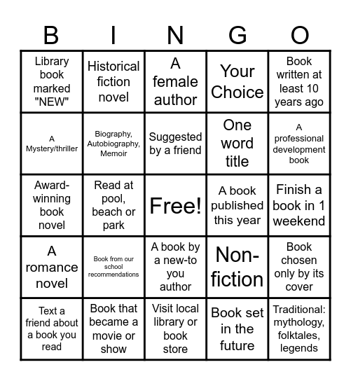 Summer Reading Challenge Bingo Card