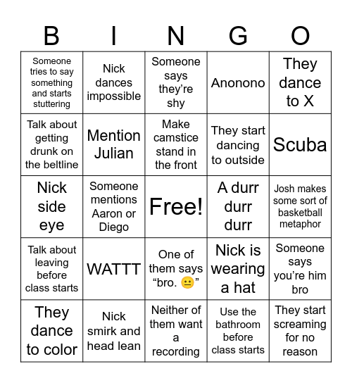 Nick and Josh’s First Xcel Class Bingo Card