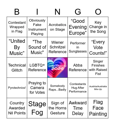 Eurovision 2026 Semifinal 2 Bingo Card