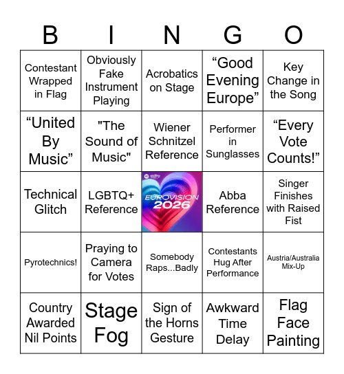 Eurovision 2026 Semifinal 2 Bingo Card