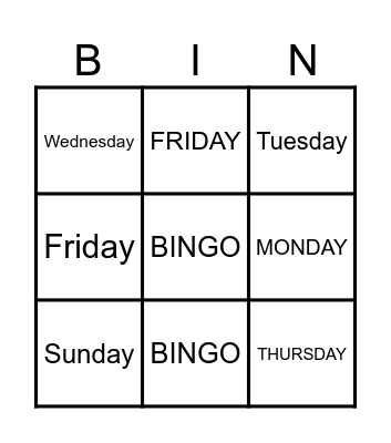Days of the week Bingo Card