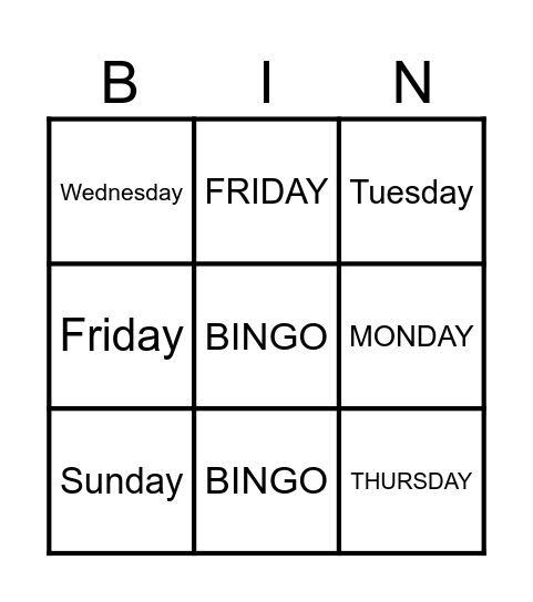 Days of the week Bingo Card