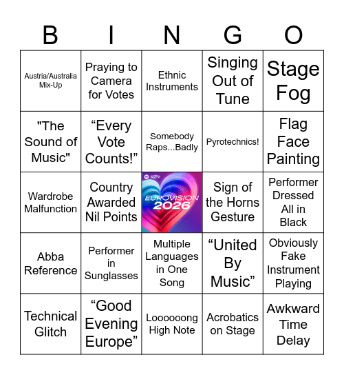 Eurovision 2026 Bingo Card