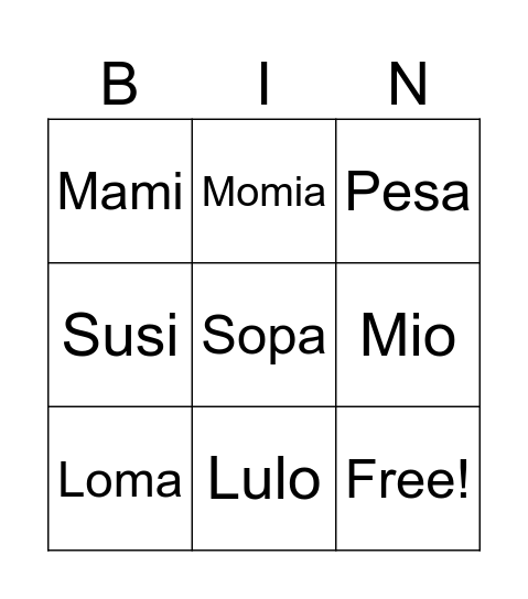 Palabras con m, p, s y l Bingo Card