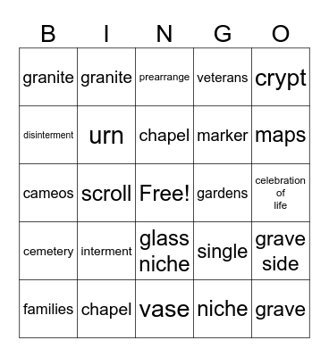 memorial park bingo Card