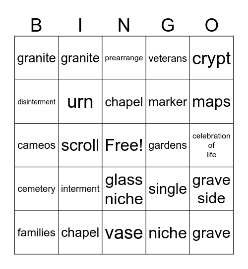 memorial park bingo Card