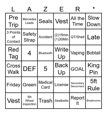 Driver Meeting Bingo 5/13/2026 Bingo Card